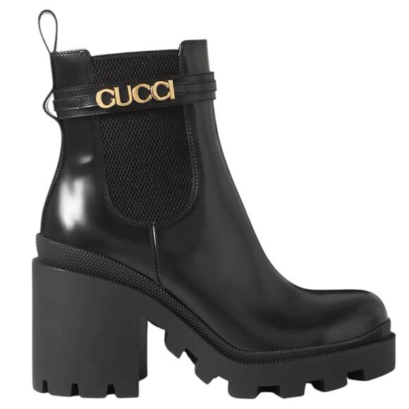 Gucci Logo Embellished Heeled Leather Chelsea Boots Black Size 39.5 - Picture 1 of 16